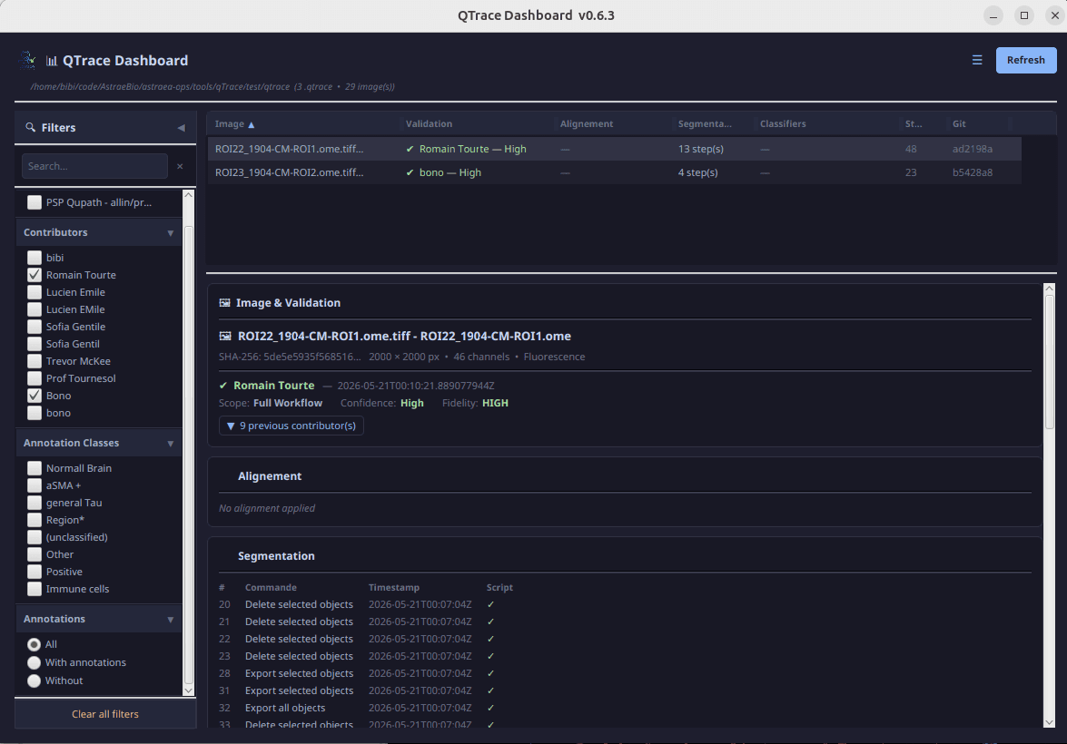 qTrace Dashboard showing filterable list of validated analyses