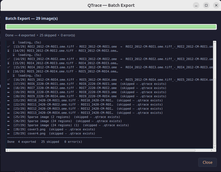 qTrace batch export completed for a project